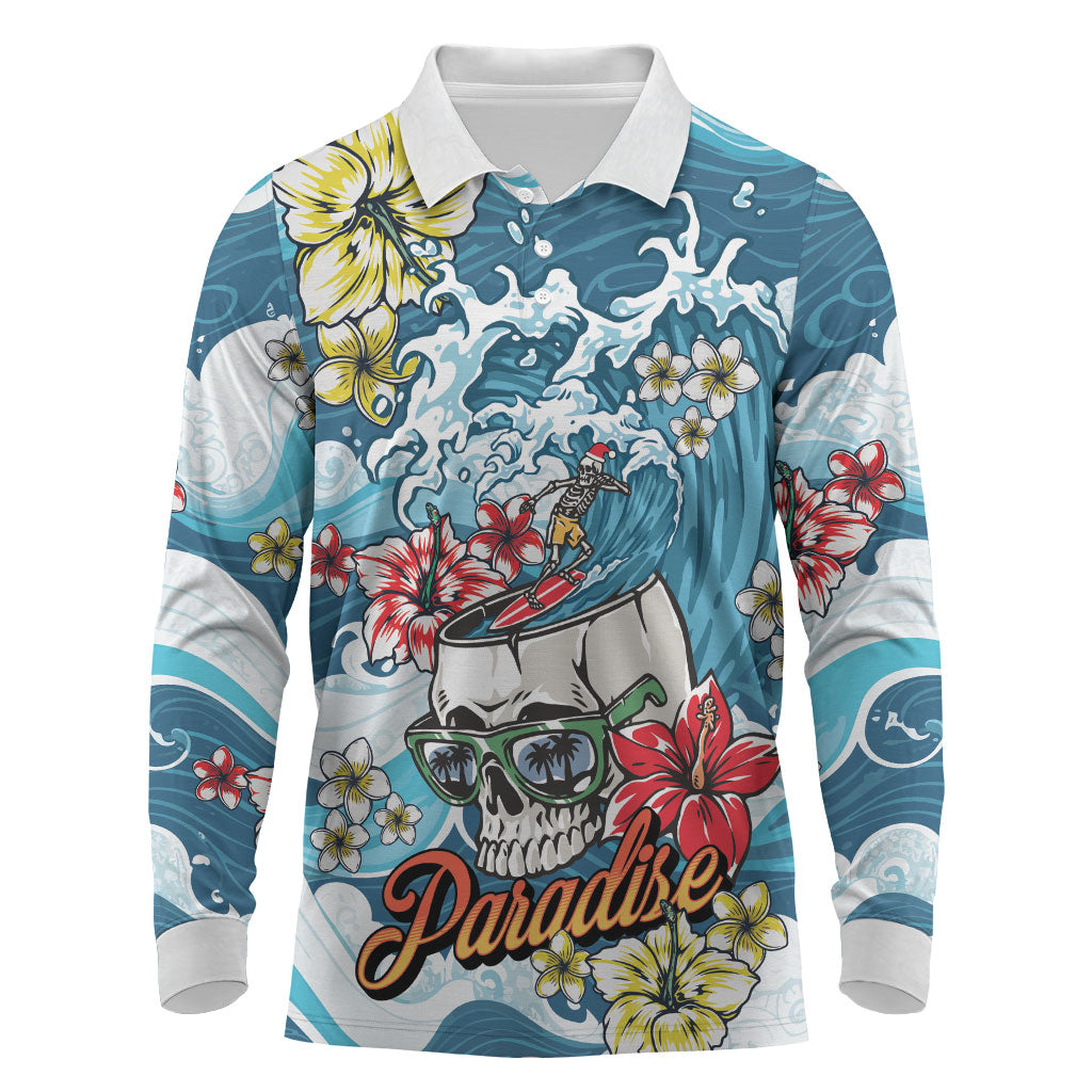Hawaii Santa Skeleton Surfing Personalized Long Sleeve Polo Shirt Mele Kalikimaka i Iulai! LT9 Blue - Polynesian Pride