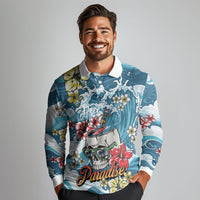 Hawaii Santa Skeleton Surfing Personalized Long Sleeve Polo Shirt Mele Kalikimaka i Iulai!