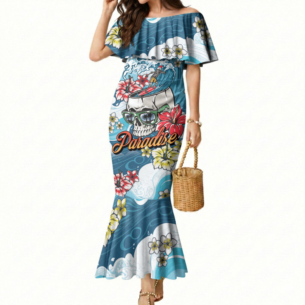 Hawaii Santa Skeleton Surfing Personalized Mermaid Dress Mele Kalikimaka i Iulai! LT9 Women Blue - Polynesian Pride