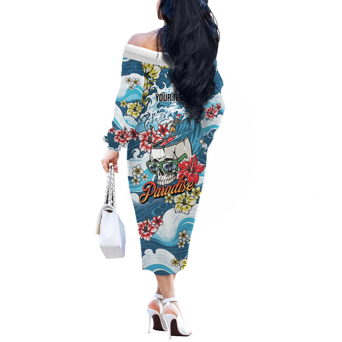 Hawaii Santa Skeleton Surfing Personalized Off The Shoulder Long Sleeve Dress Mele Kalikimaka i Iulai!