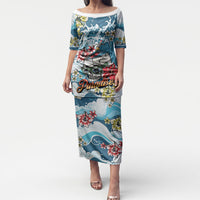 Hawaii Santa Skeleton Surfing Personalized Puletasi Mele Kalikimaka i Iulai! LT9 Long Dress Blue - Polynesian Pride