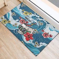 Hawaii Santa Skeleton Surfing Personalized Rubber Doormat Mele Kalikimaka i Iulai!