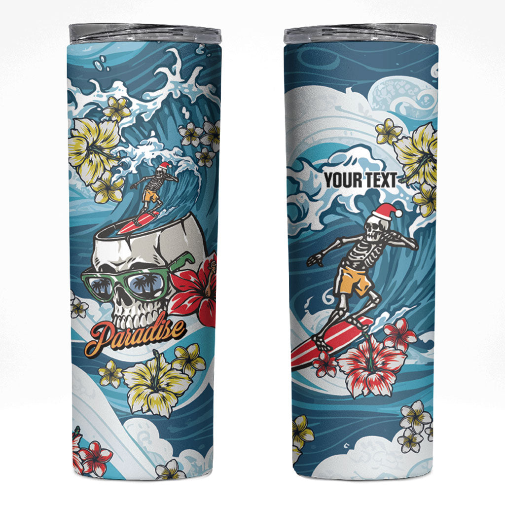 Hawaii Santa Skeleton Surfing Personalized Skinny Tumbler Mele Kalikimaka i Iulai! LT9 Blue - Polynesian Pride