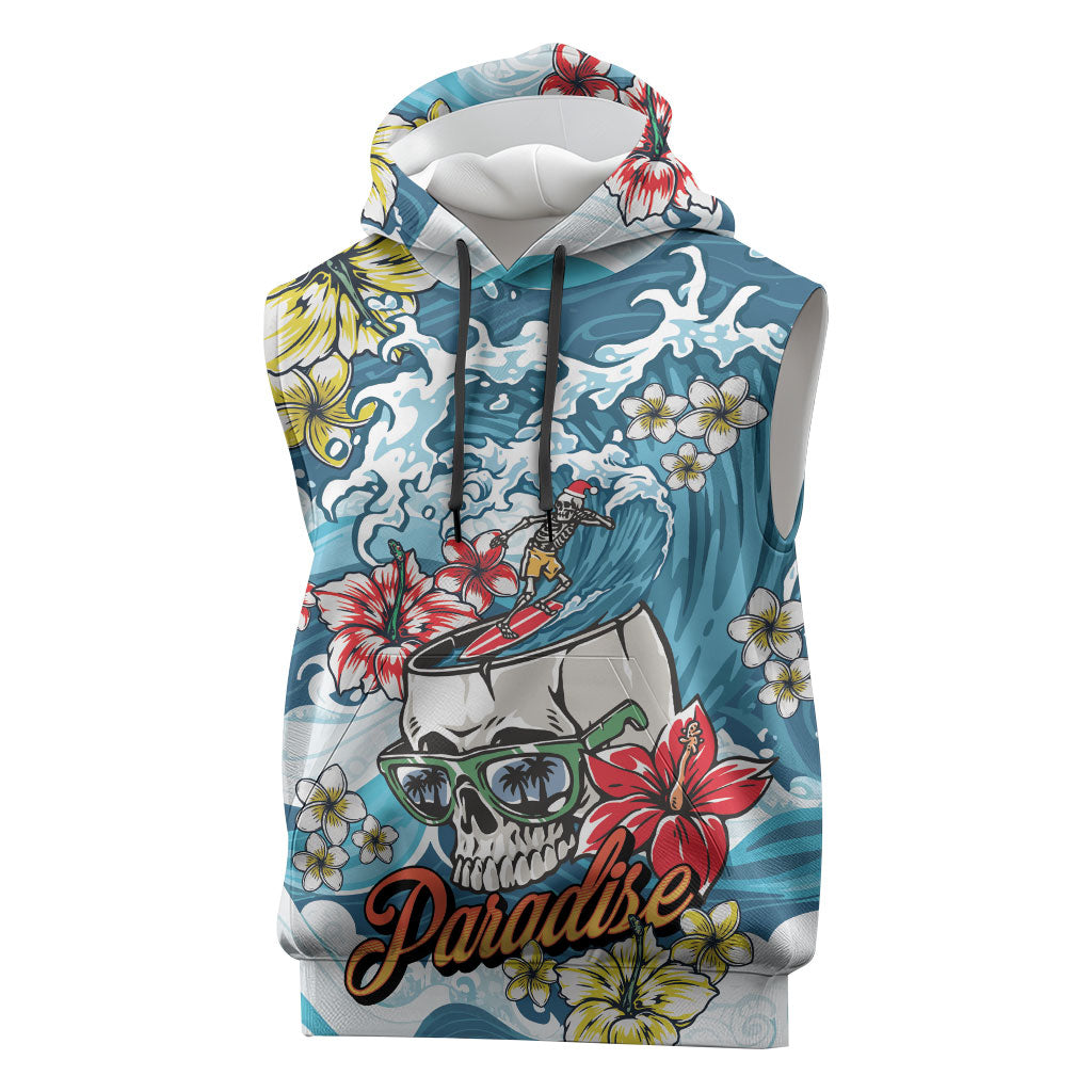 Hawaii Santa Skeleton Surfing Personalized Sleeveless Hoodie Mele Kalikimaka i Iulai! LT9 Blue - Polynesian Pride
