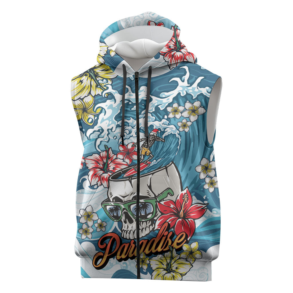 Hawaii Santa Skeleton Surfing Personalized Sleeveless Zip Hoodie Mele Kalikimaka i Iulai! LT9 Blue - Polynesian Pride