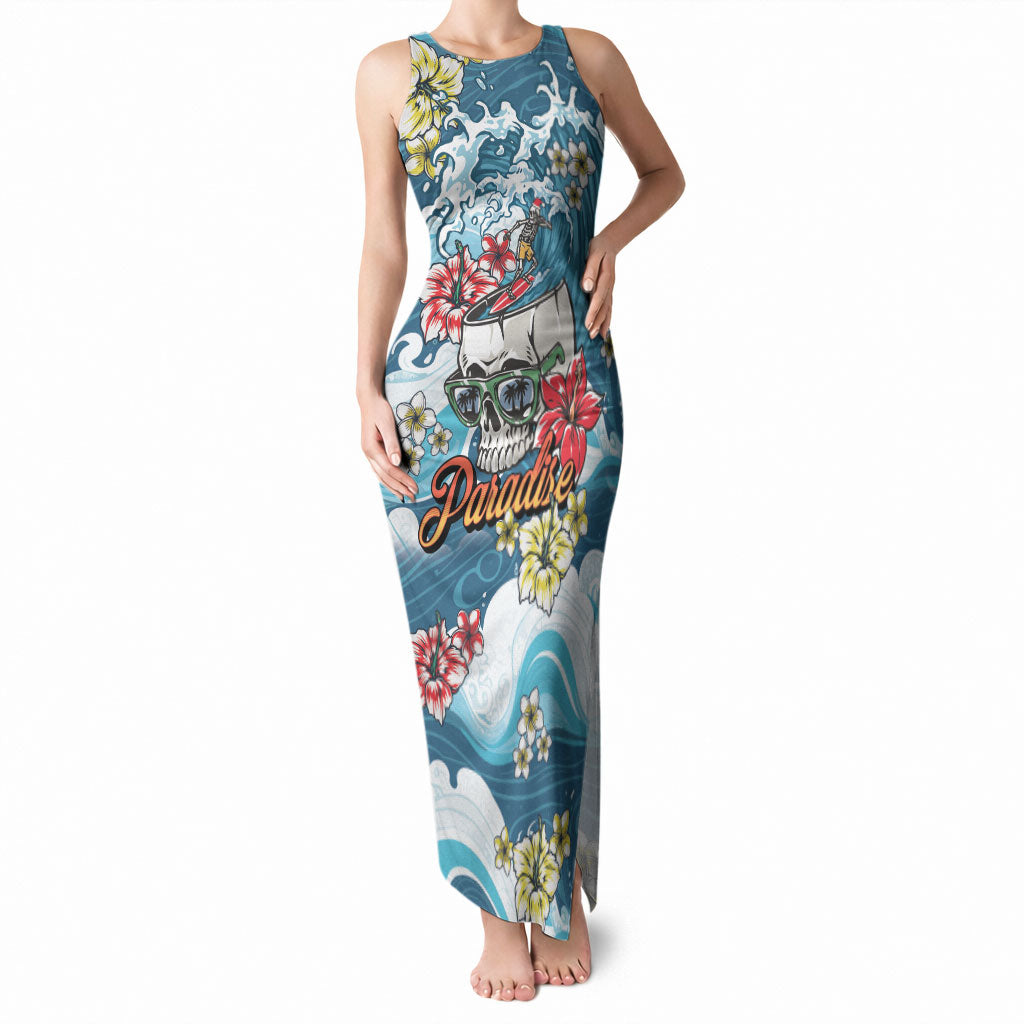 Hawaii Santa Skeleton Surfing Personalized Tank Maxi Dress Mele Kalikimaka i Iulai! LT9 Women Blue - Polynesian Pride