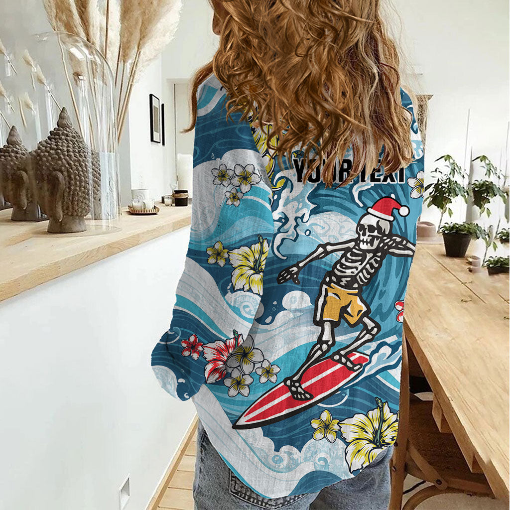 Hawaii Santa Skeleton Surfing Personalized Women Casual Shirt Mele Kalikimaka i Iulai!