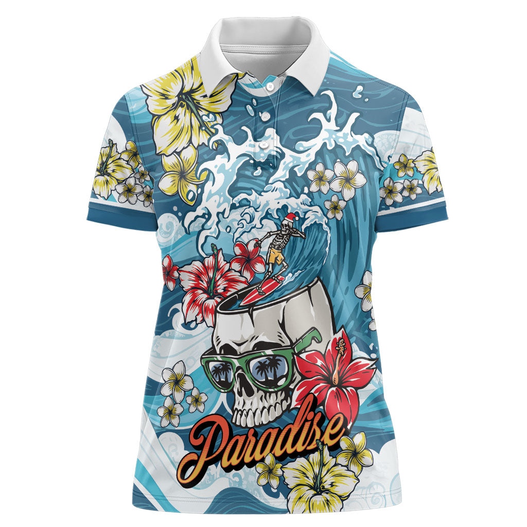 Hawaii Santa Skeleton Surfing Personalized Women Polo Shirt Mele Kalikimaka i Iulai! LT9 Female Blue - Polynesian Pride