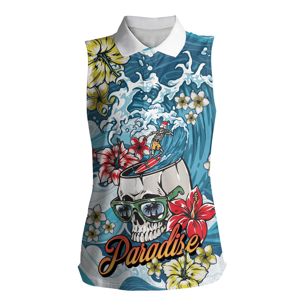 Hawaii Santa Skeleton Surfing Personalized Women Sleeveless Polo Shirt Mele Kalikimaka i Iulai! LT9 Female Blue - Polynesian Pride