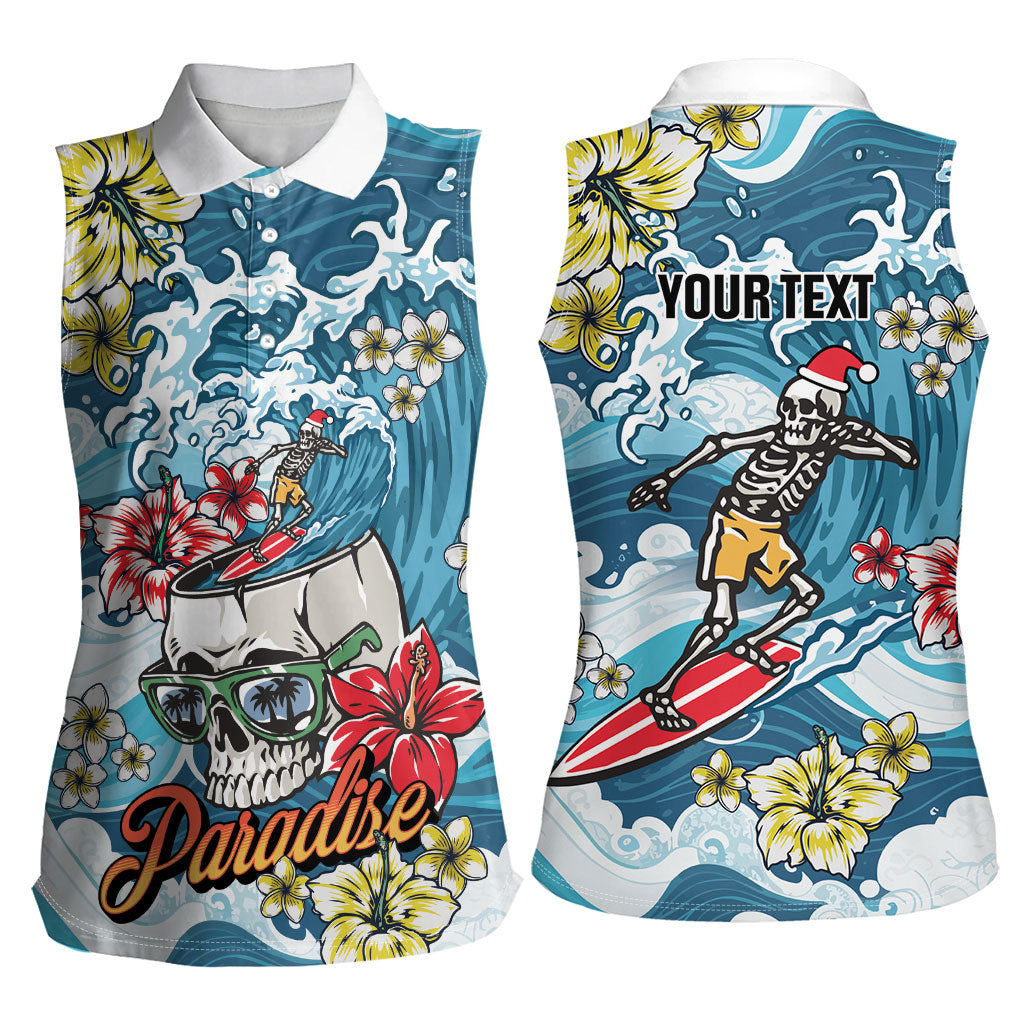 Hawaii Santa Skeleton Surfing Personalized Women Sleeveless Polo Shirt Mele Kalikimaka i Iulai! LT9 - Polynesian Pride