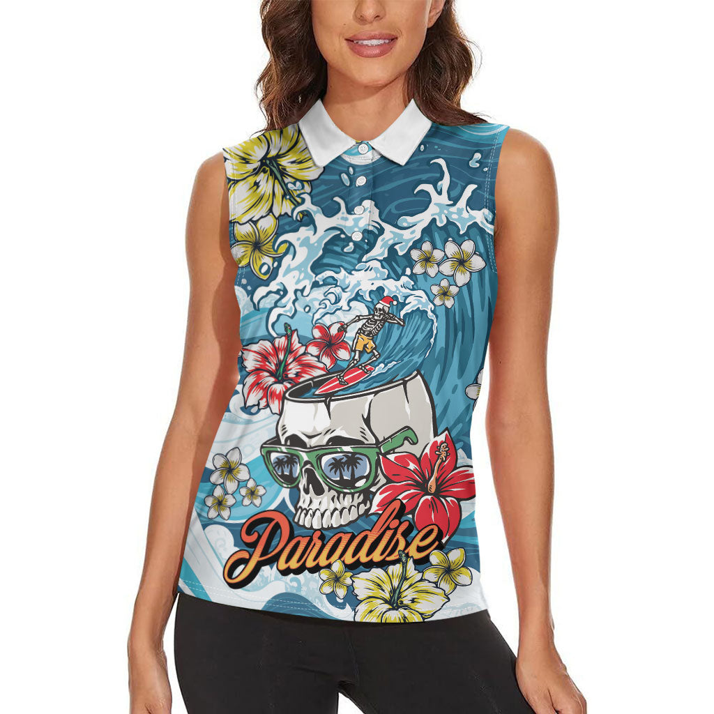 Hawaii Santa Skeleton Surfing Personalized Women Sleeveless Polo Shirt Mele Kalikimaka i Iulai! LT9 - Polynesian Pride