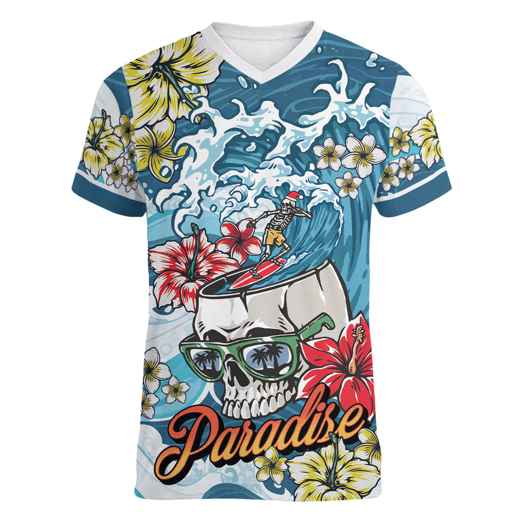 Hawaii Santa Skeleton Surfing Personalized Women V-Neck T-Shirt Mele Kalikimaka i Iulai! LT9 Female Blue - Polynesian Pride