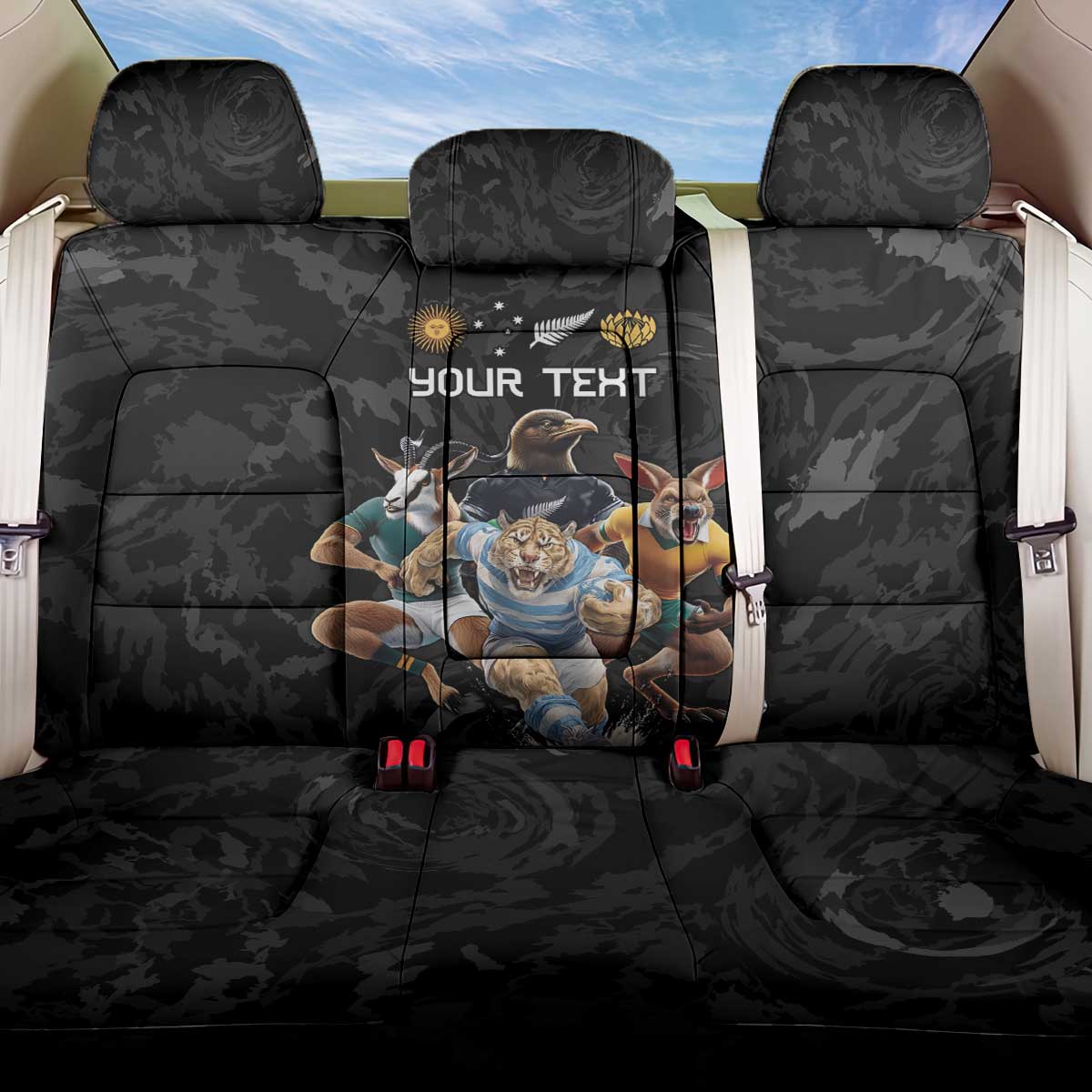 Custom Rugby Southern Hemisphere Back Car Seat Cover Argentina AUNZ South Africa Mascot Black LT9 One Size Black - Polynesian Pride
