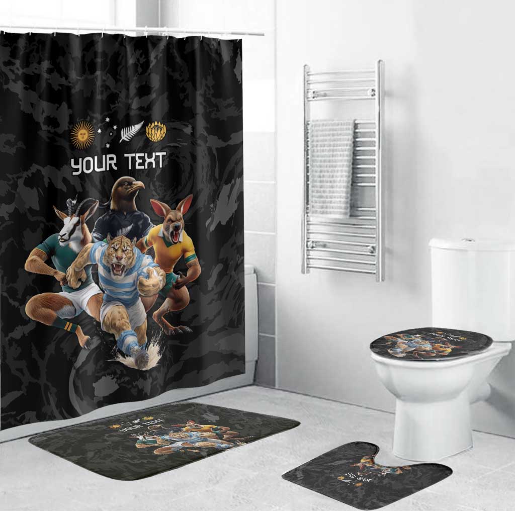 Custom Rugby Southern Hemisphere Bathroom Set Argentina AUNZ South Africa Mascot Black - Polynesian Pride