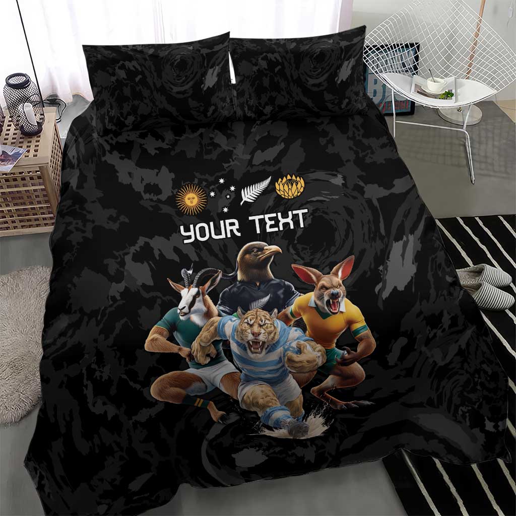 Custom Rugby Southern Hemisphere Bedding Set Argentina AUNZ South Africa Mascot Black - Polynesian Pride