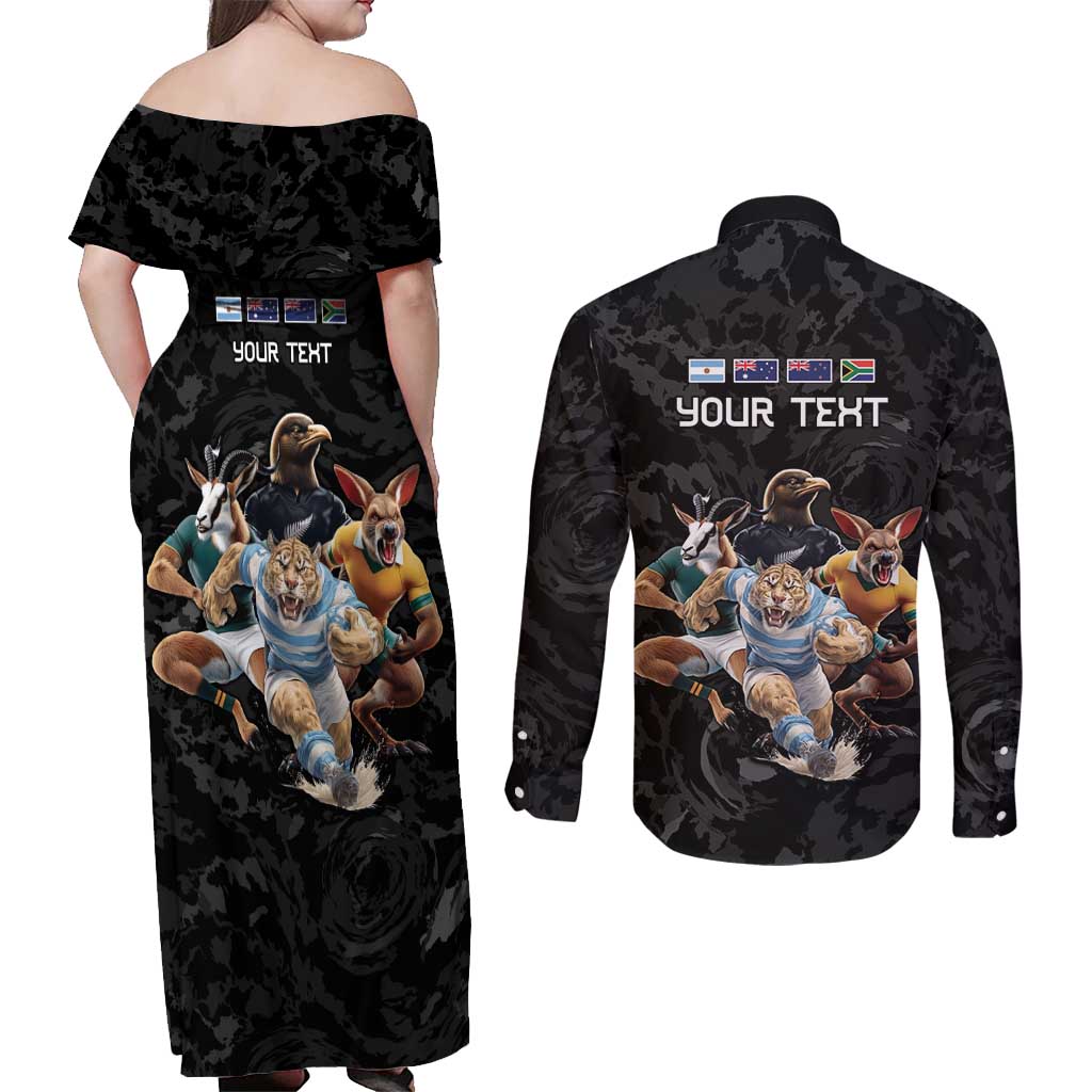 Custom Rugby Southern Hemisphere Couples Matching Off Shoulder Maxi Dress and Long Sleeve Button Shirt Argentina AUNZ South Africa Mascot Black LT9 - Polynesian Pride