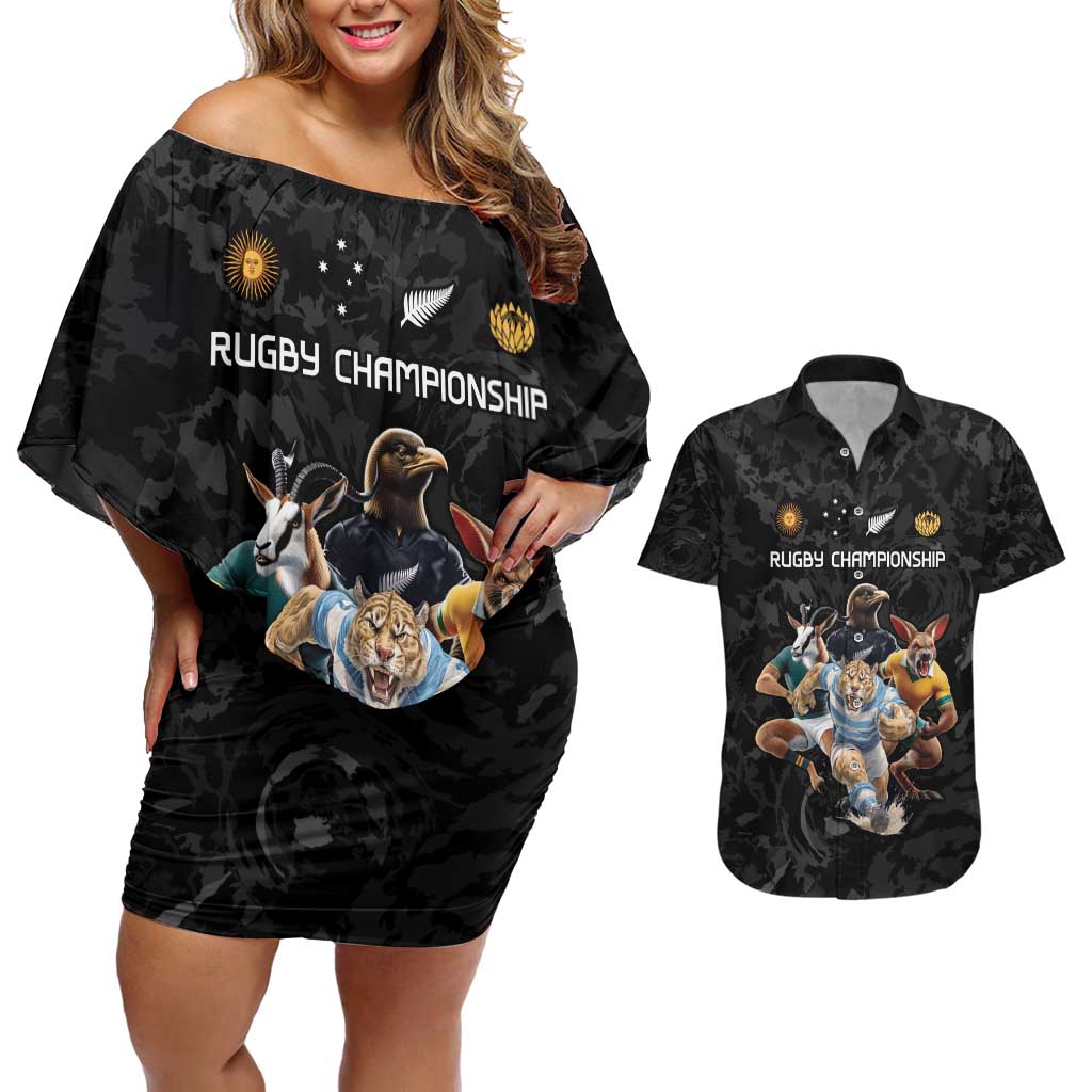 Custom Rugby Southern Hemisphere Couples Matching Off Shoulder Short Dress and Hawaiian Shirt Argentina AUNZ South Africa Mascot Black - Polynesian Pride