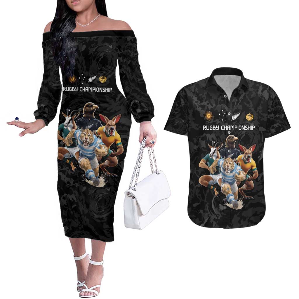 Custom Rugby Southern Hemisphere Couples Matching Off The Shoulder Long Sleeve Dress and Hawaiian Shirt Argentina AUNZ South Africa Mascot Black LT9 Black - Polynesian Pride