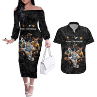 Custom Rugby Southern Hemisphere Couples Matching Off The Shoulder Long Sleeve Dress and Hawaiian Shirt Argentina AUNZ South Africa Mascot Black LT9 Black - Polynesian Pride