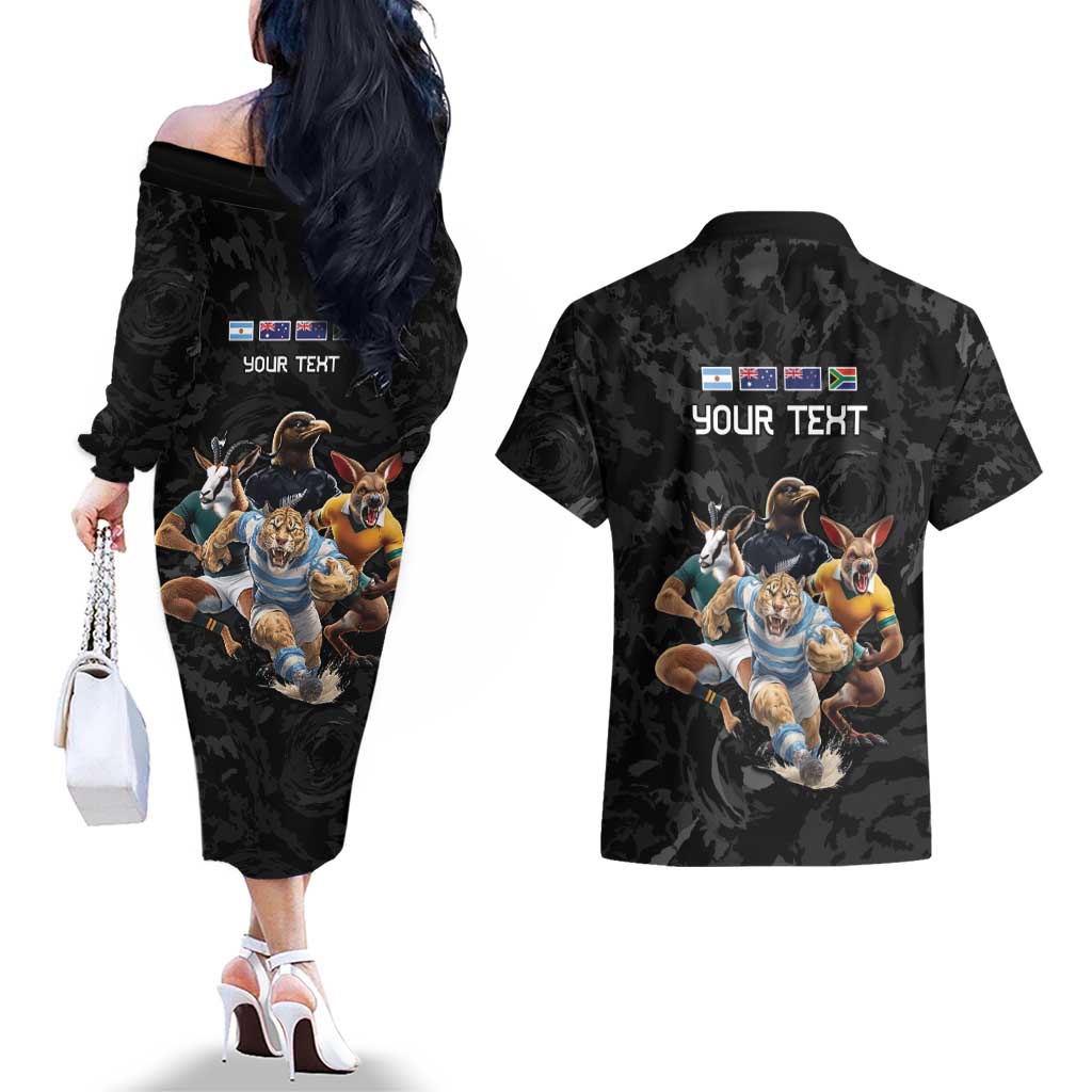 Custom Rugby Southern Hemisphere Couples Matching Off The Shoulder Long Sleeve Dress and Hawaiian Shirt Argentina AUNZ South Africa Mascot Black LT9 - Polynesian Pride