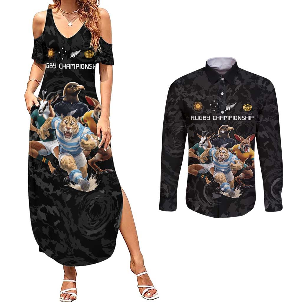 Custom Rugby Southern Hemisphere Couples Matching Summer Maxi Dress and Long Sleeve Button Shirt Argentina AUNZ South Africa Mascot Black - Polynesian Pride