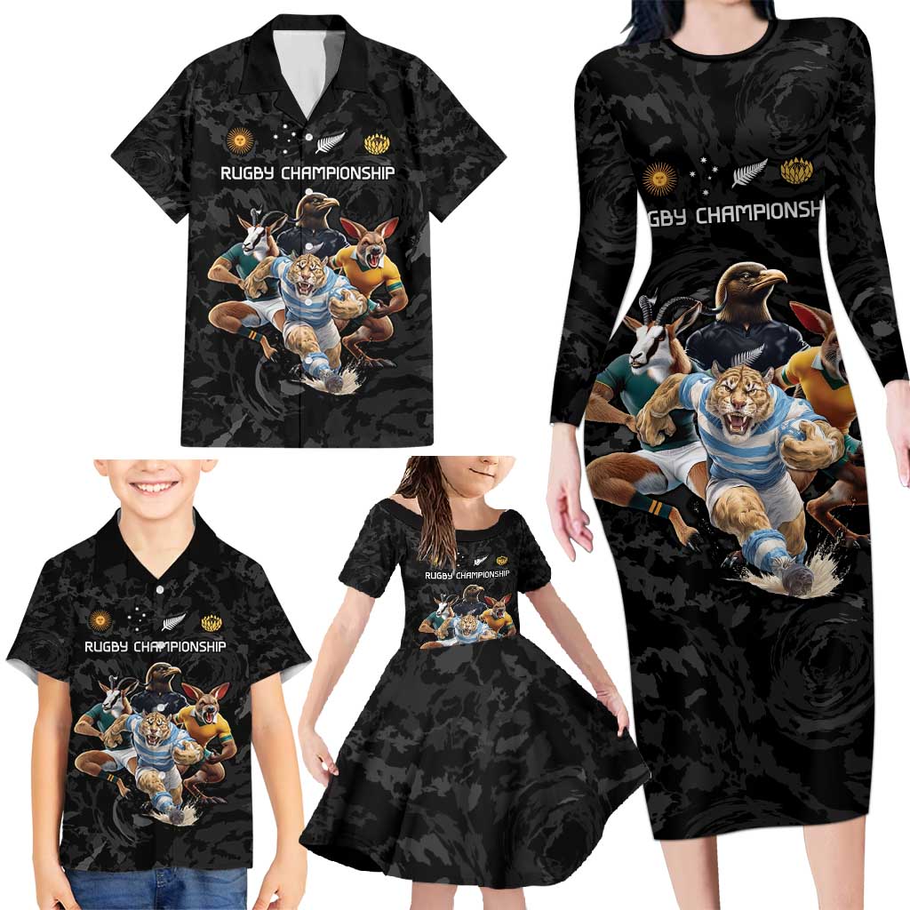 Custom Rugby Southern Hemisphere Family Matching Long Sleeve Bodycon Dress and Hawaiian Shirt Argentina AUNZ South Africa Mascot Black LT9 - Polynesian Pride