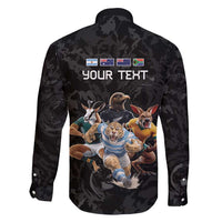 Custom Rugby Southern Hemisphere Family Matching Long Sleeve Bodycon Dress and Hawaiian Shirt Argentina AUNZ South Africa Mascot Black LT9 - Polynesian Pride
