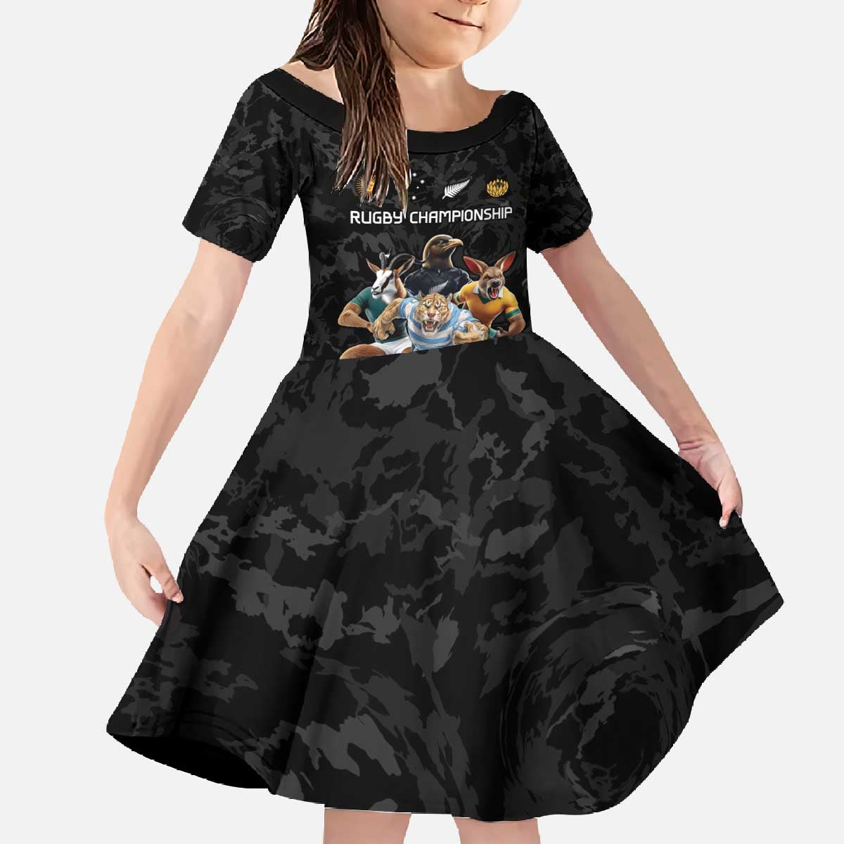 Custom Rugby Southern Hemisphere Family Matching Off The Shoulder Long Sleeve Dress and Hawaiian Shirt Argentina AUNZ South Africa Mascot Black LT9 Daughter's Dress Black - Polynesian Pride