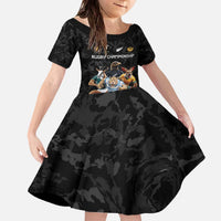 Custom Rugby Southern Hemisphere Family Matching Off The Shoulder Long Sleeve Dress and Hawaiian Shirt Argentina AUNZ South Africa Mascot Black LT9 Daughter's Dress Black - Polynesian Pride