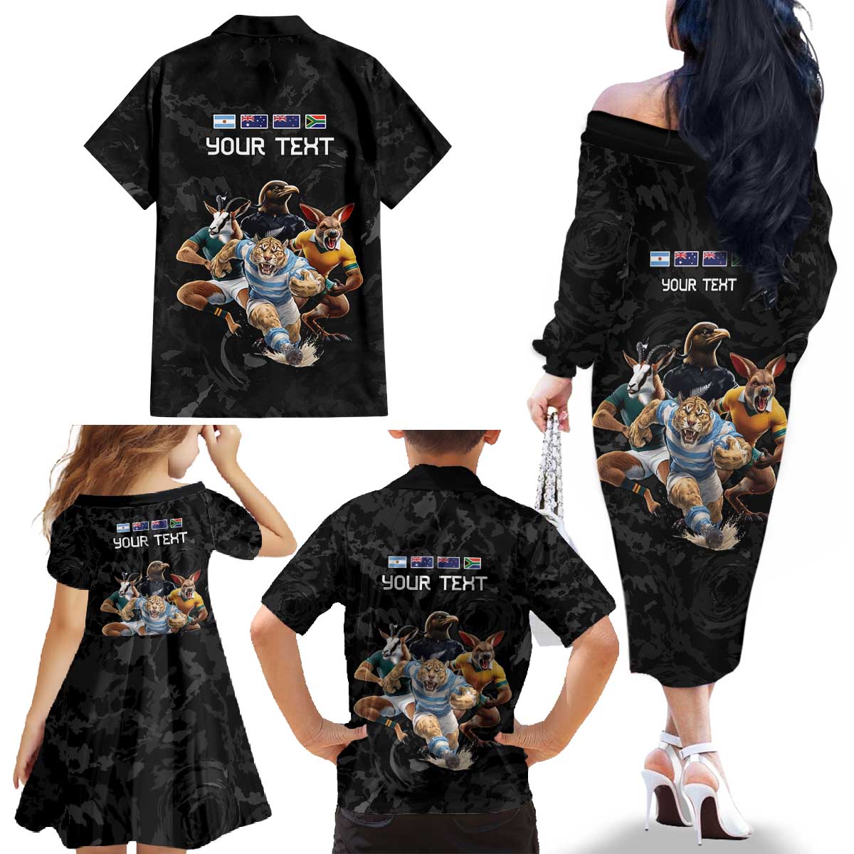 Custom Rugby Southern Hemisphere Family Matching Off The Shoulder Long Sleeve Dress and Hawaiian Shirt Argentina AUNZ South Africa Mascot Black LT9 - Polynesian Pride