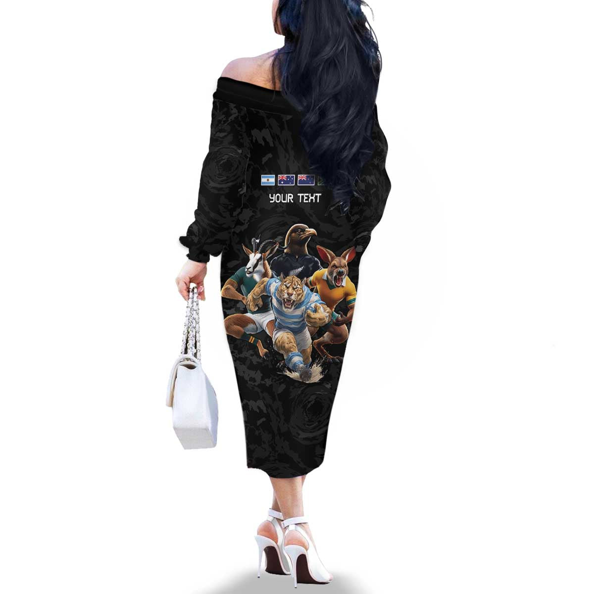 Custom Rugby Southern Hemisphere Family Matching Off The Shoulder Long Sleeve Dress and Hawaiian Shirt Argentina AUNZ South Africa Mascot Black LT9 - Polynesian Pride