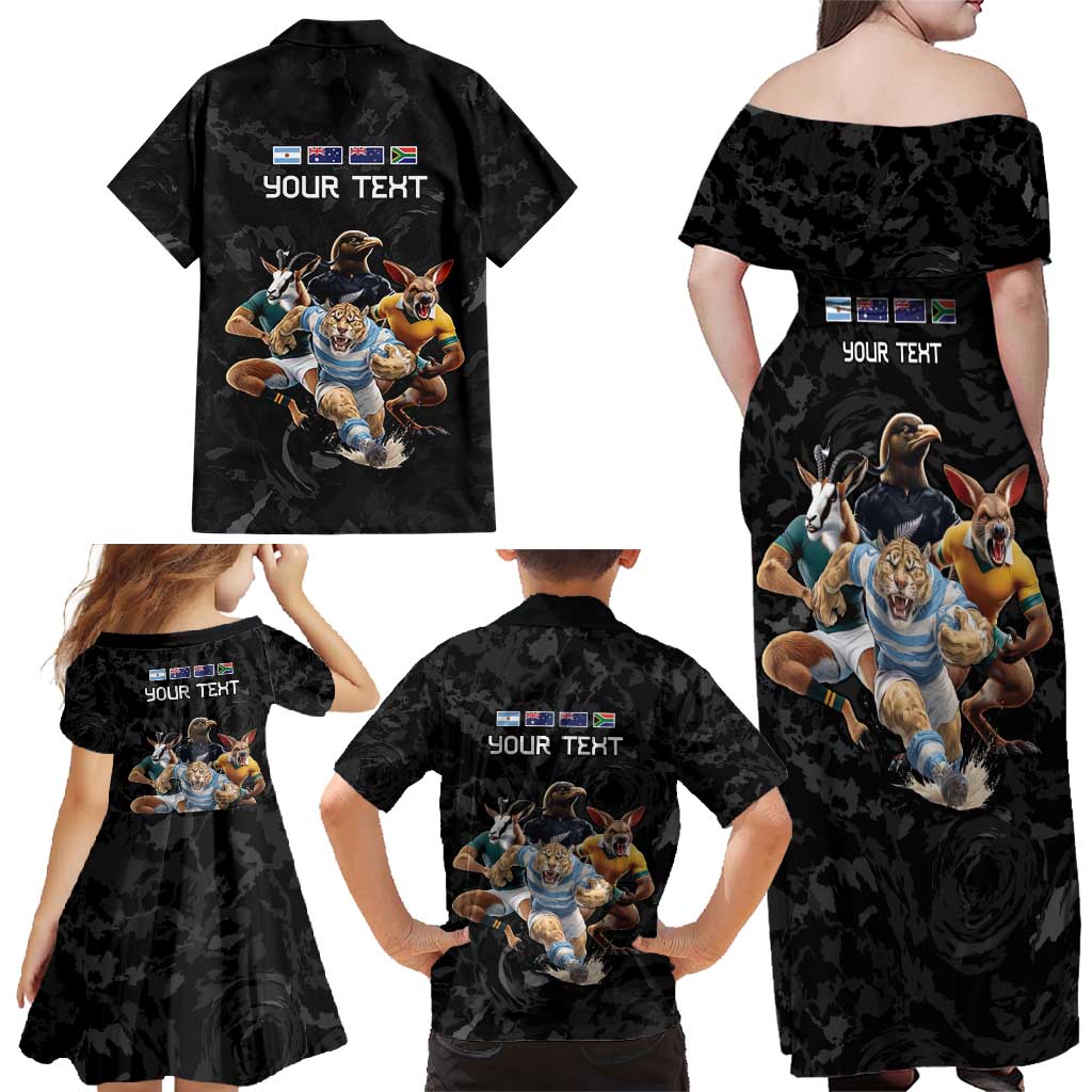 Custom Rugby Southern Hemisphere Family Matching Off Shoulder Maxi Dress and Hawaiian Shirt Argentina AUNZ South Africa Mascot Black LT9 - Polynesian Pride