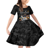 Custom Rugby Southern Hemisphere Family Matching Off Shoulder Short Dress and Hawaiian Shirt Argentina AUNZ South Africa Mascot Black LT9 Daughter's Dress Black - Polynesian Pride