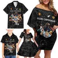 Custom Rugby Southern Hemisphere Family Matching Off Shoulder Short Dress and Hawaiian Shirt Argentina AUNZ South Africa Mascot Black LT9 - Polynesian Pride