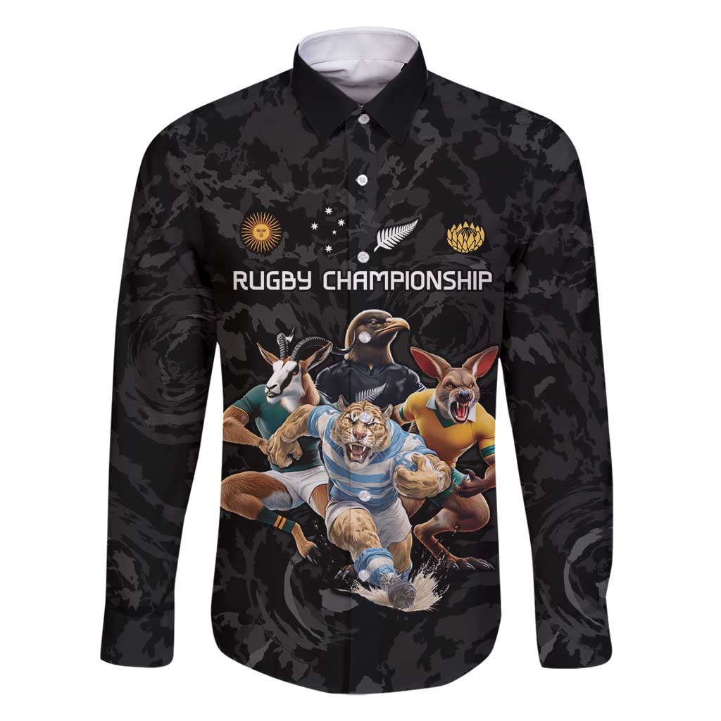 Custom Rugby Southern Hemisphere Family Matching Off Shoulder Short Dress and Hawaiian Shirt Argentina AUNZ South Africa Mascot Black LT9 Dad's Shirt - Long Sleeve Black - Polynesian Pride