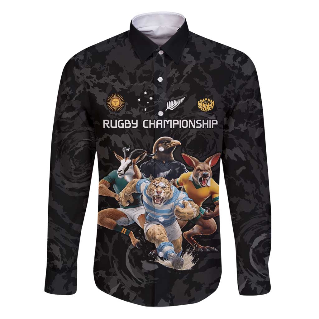 Custom Rugby Southern Hemisphere Family Matching Puletasi and Hawaiian Shirt Argentina AUNZ South Africa Mascot Black - Polynesian Pride