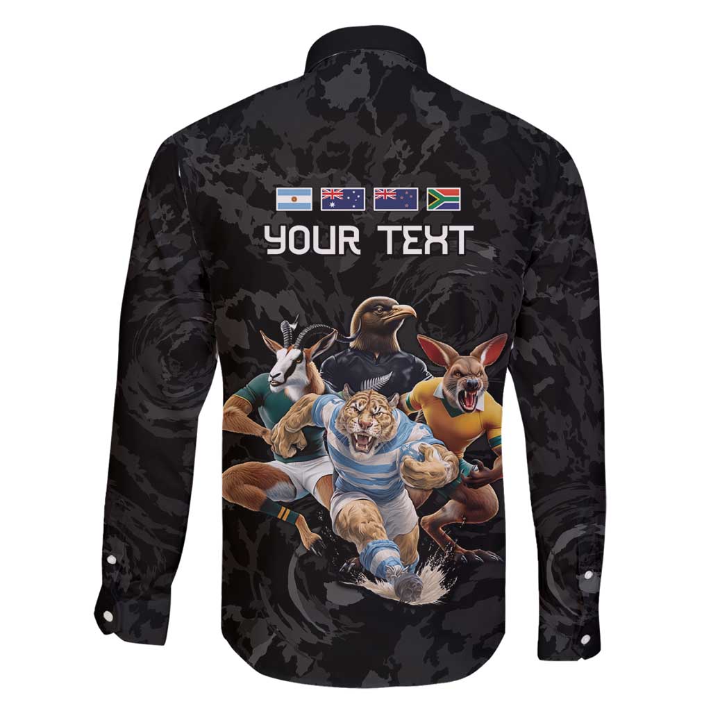 Custom Rugby Southern Hemisphere Family Matching Puletasi and Hawaiian Shirt Argentina AUNZ South Africa Mascot Black - Polynesian Pride