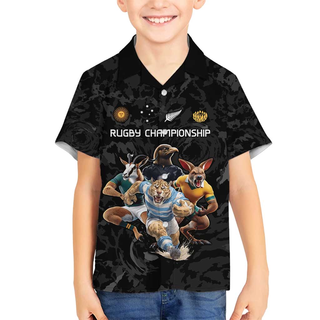 Custom Rugby Southern Hemisphere Family Matching Puletasi and Hawaiian Shirt Argentina AUNZ South Africa Mascot Black - Polynesian Pride
