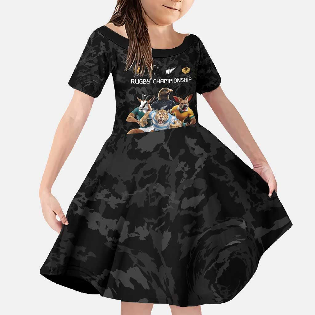 Custom Rugby Southern Hemisphere Family Matching Short Sleeve Bodycon Dress and Hawaiian Shirt Argentina AUNZ South Africa Mascot Black LT9 Daughter's Dress Black - Polynesian Pride