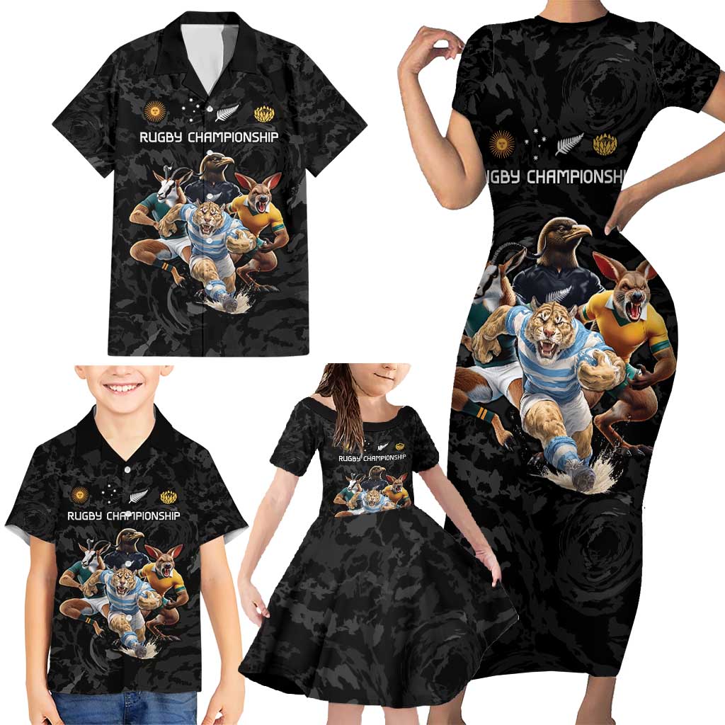 Custom Rugby Southern Hemisphere Family Matching Short Sleeve Bodycon Dress and Hawaiian Shirt Argentina AUNZ South Africa Mascot Black LT9 - Polynesian Pride