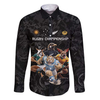 Custom Rugby Southern Hemisphere Family Matching Short Sleeve Bodycon Dress and Hawaiian Shirt Argentina AUNZ South Africa Mascot Black LT9 Dad's Shirt - Long Sleeve Black - Polynesian Pride