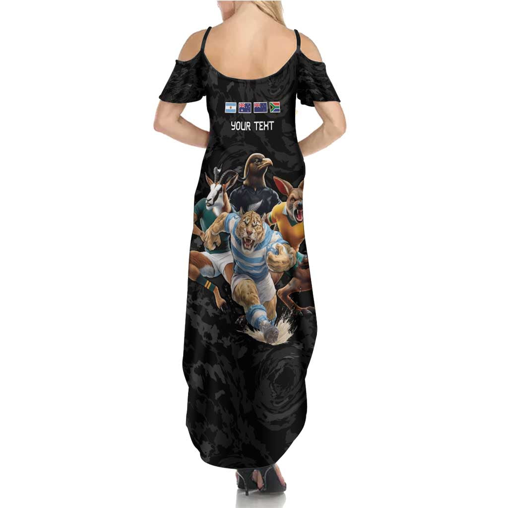 Custom Rugby Southern Hemisphere Family Matching Summer Maxi Dress and Hawaiian Shirt Argentina AUNZ South Africa Mascot Black LT9 - Polynesian Pride