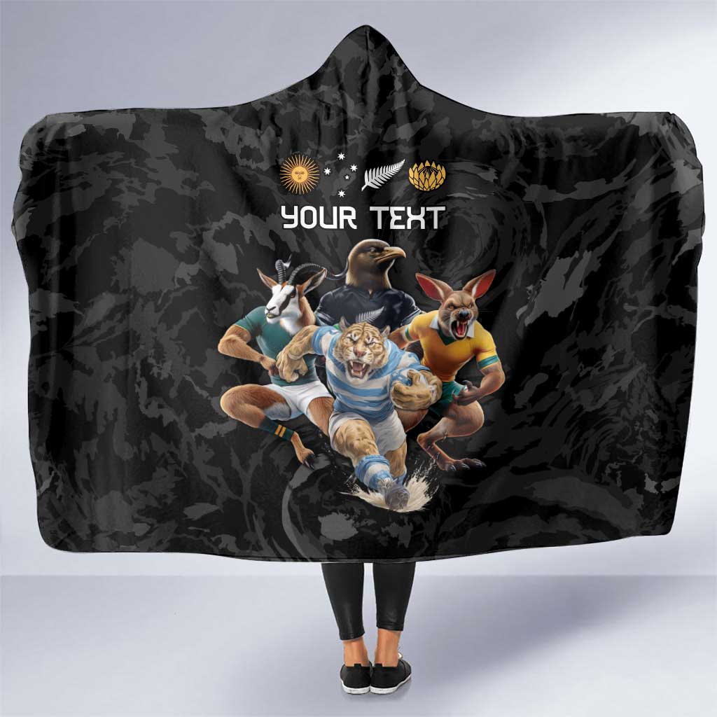 Custom Rugby Southern Hemisphere Hooded Blanket Argentina AUNZ South Africa Mascot Black LT9 One Size Black - Polynesian Pride