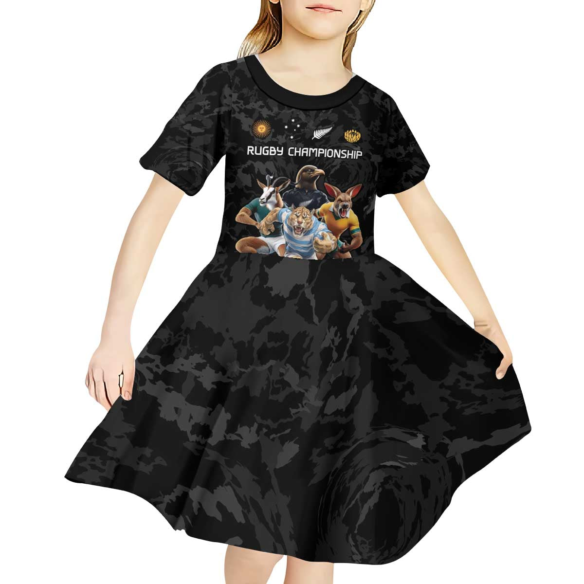 Custom Rugby Southern Hemisphere Kid Short Sleeve Dress Argentina AUNZ South Africa Mascot Black - Polynesian Pride