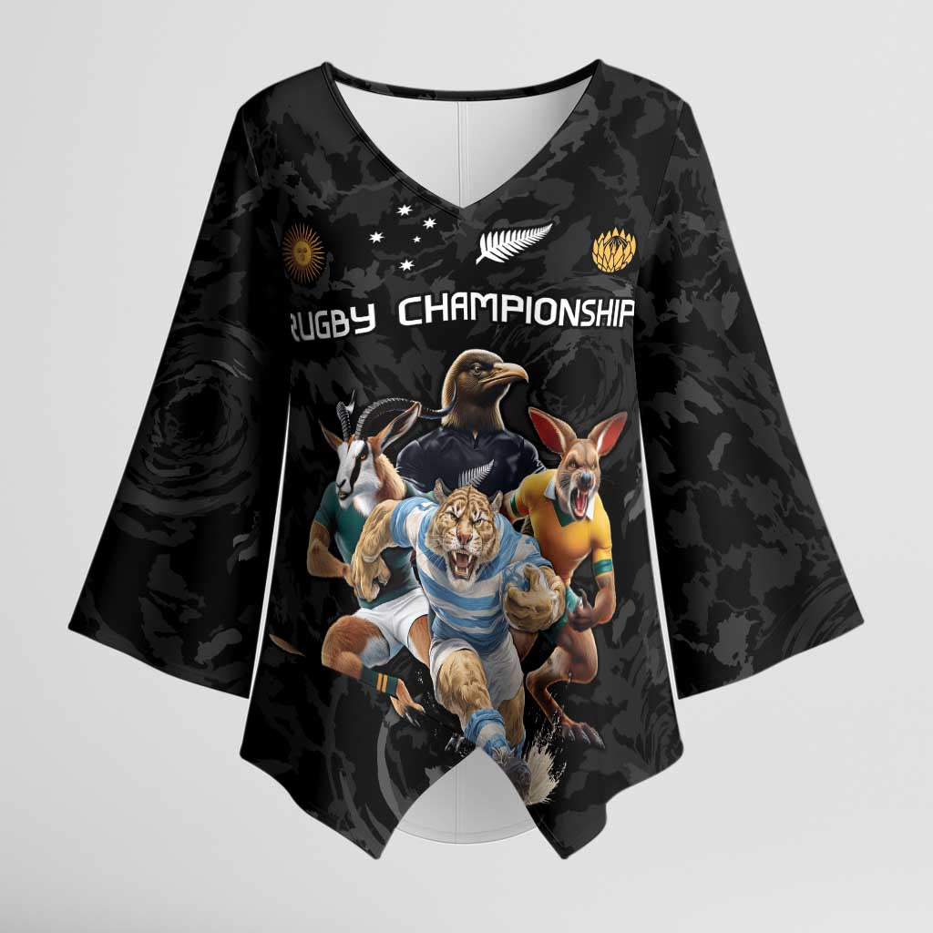 Custom Rugby Southern Hemisphere Kimono Sleeve Blouse Argentina AUNZ South Africa Mascot Black LT9 Female Black - Polynesian Pride