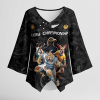 Custom Rugby Southern Hemisphere Kimono Sleeve Blouse Argentina AUNZ South Africa Mascot Black LT9 Female Black - Polynesian Pride
