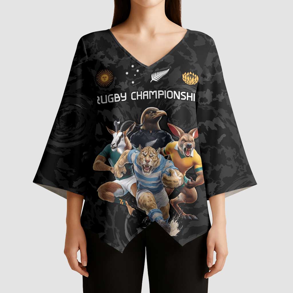 Custom Rugby Southern Hemisphere Kimono Sleeve Blouse Argentina AUNZ South Africa Mascot Black LT9 - Polynesian Pride