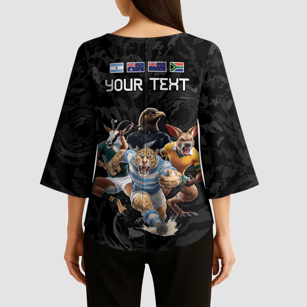 Custom Rugby Southern Hemisphere Kimono Sleeve Blouse Argentina AUNZ South Africa Mascot Black LT9 - Polynesian Pride