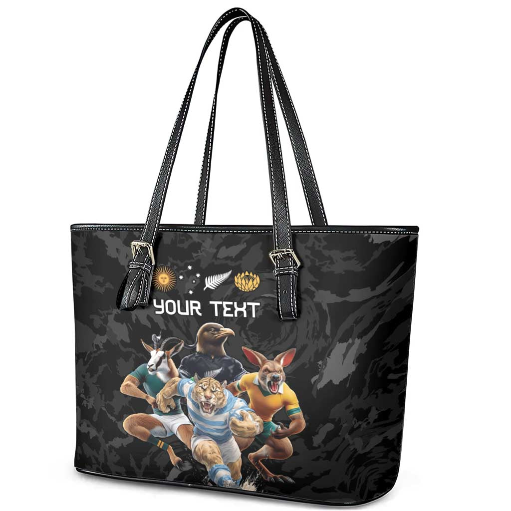Custom Rugby Southern Hemisphere Leather Tote Bag Argentina AUNZ South Africa Mascot Black LT9 - Polynesian Pride