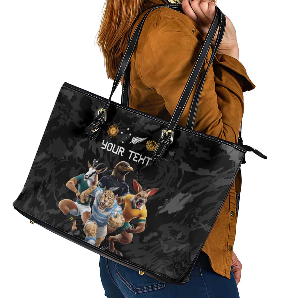 Custom Rugby Southern Hemisphere Leather Tote Bag Argentina AUNZ South Africa Mascot Black LT9 - Polynesian Pride